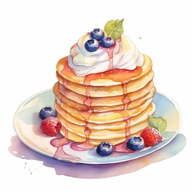picturesque,bright luxury pancake on a cute pretty plate, 3-tier pancakes topped with Fresh cream and ice cream topping, icon clipart on white background, watercolor, detailing in pastel colors, high quality, painted by Beatrix Potter, 8k,