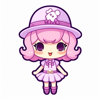 kawaii happy character in cute purple candy outfit with hat and dress, single clipart on white background, sanrio style characters, svg, eps,
