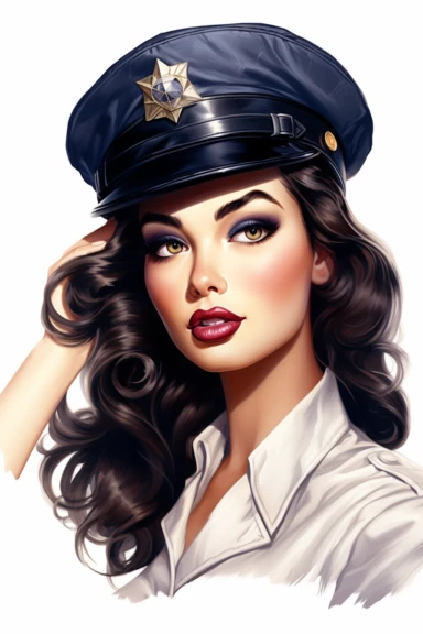 beautiful pretty pin up woman, makeup and hair vintage 50's style, dressed as pilot, paint art style, detail, clipart, white background, superrealistic, one of a kind
