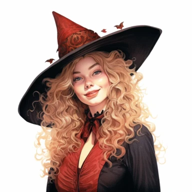 beautiful victorian witch with curly blonde hair and freckles wearing a pointed witch hat, looking left, victorian hairstyle, victorian witch hat, Victorian era clothing, beatiful smile, realistic inverted portrait white background, high quality, hyper-realistic, witch Clipart,red dress