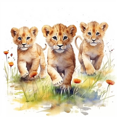 Clipart of baby Lions, a group of lion cubs playing in a field, watercolor painting, white background, featured on pixiv, computer art, madhey of flowers, watercolor, digital illustration, detailed painting, realistic