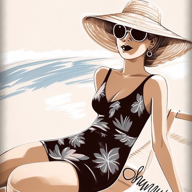 portrait view, full view, clipart illustration, beautiful lady sunbathing on beach, exact image, sharp focus, high detail, (--iw 5)