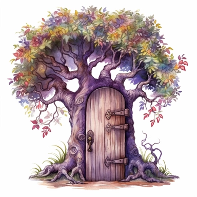watercolor magical tree door clipart, isolated on white background