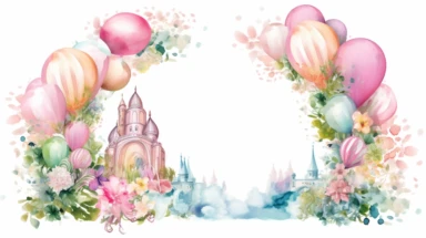 watercolour illustration, jungle smash pastel pink princess themed scene, pastel roses balloon arch, fairy tale, fairy tale pink jungle, leaves and balloons, clipart, sublimation graphics, by Beatrix Potter, watercolour clipart, unique design, print on demand image, transparent PNG background, white background, 8k