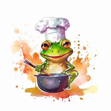 Create a watercolor illustration clipart of a playful cute Frog Cooking with chef hat, with its full body visible. Use soft, flowing brushstrokes and a warm, inviting color palette to create an image that is both charming and whimsical. Incorporate intricate details like the motion of the Frog Cooking with chef hat to create a lifelike, realistic image. Can add other elements to the illustration like related item to play to create playful scene. Use white background to allow the watercolor textu