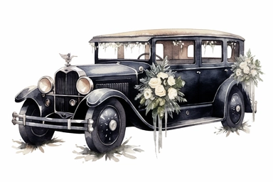 Watercolor illustration. Clipart. Detailed wedding car vintage hearse, with cans and other goth deco. Perfect and delicate details. Sharpen. Isolated on white paper background. Use shades of black and dark-red and other dark contrast colors to represent the Goth style. Precise details. The overall mood of the illustrations should be extravagant. The image should be adorned with details such as texture, shading, and other realistic features.