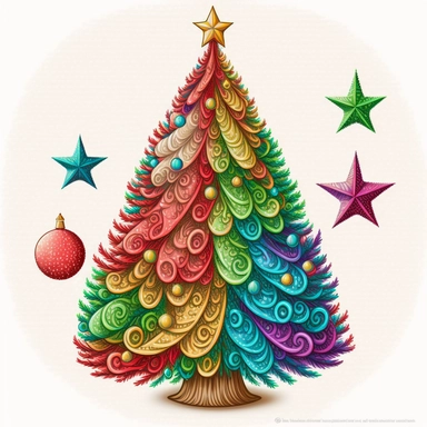 Christmas tree clip art, bright decorations, detailed, illustration, outline, white background