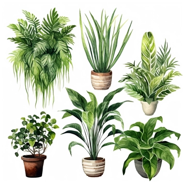 BOSTON FERN, DWARF DATE PALM, SPIDER PLANT, CHINESE EVERGREEN, DEVIL’S IVY, BROADLEAF LADY PALM, PEACE LILY, BARBERTON DAISY, watercolor, Object, vector collection, clipart, 8k, white background.