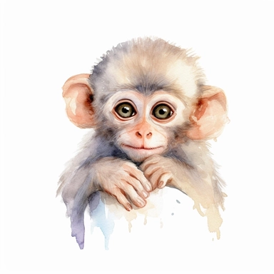 watercolor clipart, white background, cute and adorable playful monkey, perfect for stickers and print on demand, by François Boucher