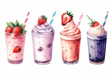 6 strawberry smoothies clipart watercolor, hd, on crisp white background, spaced out