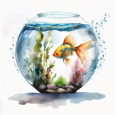 Watercolor fish inside aquarium, clipart, white background, no text