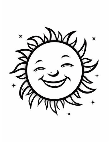a sun in the sky without expressions clipart, vector art, simple and crisp line art with clear outlines and minimal detail, black and white coloring page, pencil drawing, white background