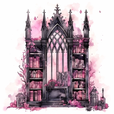Gothic style bookcase with watercolor effect,suitable for digital clipart,white background,gothic pink scene,gothic colors,gothic tools,gothic roses,dark scene,twinkles