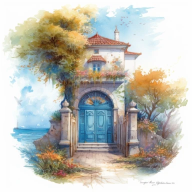 isolated on white illustration watercolor art of a elegant part of the embankment with small white houses and flowering trees with summer flowers, sea, blue door, lace and embroidery, masterpiece by James C. Christensen style and by Ivan Fedorovich Choultse style and Hans Zatzka style and Vladimir Kush, PNG clipart, isolated on white, extreme photorealistic details, 32k HD resolution, realistic high detailization high resolution