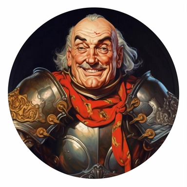 Arthur Sarnoff's character portrait circular tondo depicting an armored Victorian knight, Mike Allred Josh Kirby, clipart illustration, circular solid background circular border