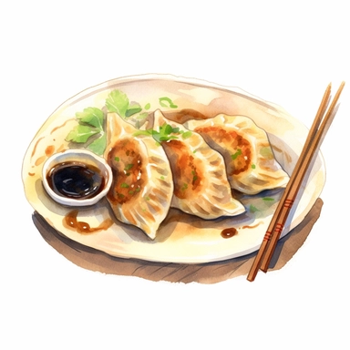 picturesque,bright luxury Japanese nutural food, Pan-fried gyoza dumplings with brown burnt marks, Japanese Gyoza have Juicy on the inside, a golden brown and slightly crispy base, for the restaurant menu, icon clipart on white background, watercolor, detailing in pastel colors, high quality, painted by Beatrix Potter, 8k,