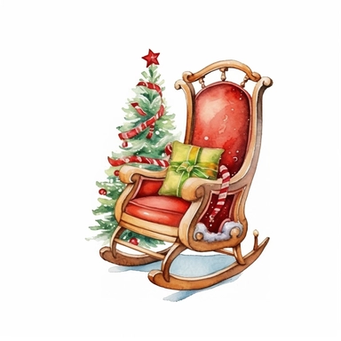 Watercolor, cute christmas rocking chair, magical, fantasy, clipart, white background detailed, 8k, high resolution, style of Sandi Mower, clean white background