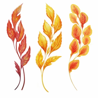 Design a dreamy watercolor clipart of a chinese-inspired Sprays of autumn leaves in shades of red, orange, and gold arranged in a cascading and flowing design composition, hand-painted with soft and graceful brushstrokes. Draw inspiration from the artistic finesse of Ethereal Petals Watercolors for a refined and ethereal depiction. isolated on a white background, hand-drawn illustration, hand-painted watercolor texture, 16k UHD resolution, intricately detailed, sharp focal points, designed by An