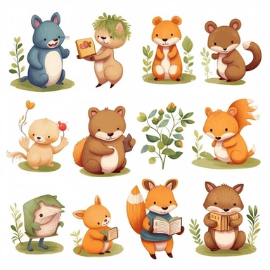Create a set of clipart featuring cute animals engaged in various activities like reading a book, playing with a ball, gardening, or cooking. These versatile and adorable animal illustrations can be used in various educational materials, children's books, or crafting projects.