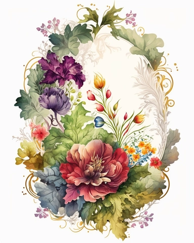 watercolor clipart. boroque flower scene. lush and full of vivid colors. 4k. intricate detail. swirling around center like a border