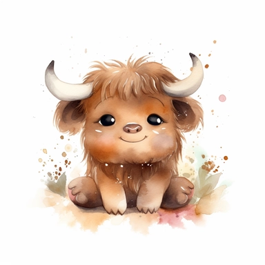watercolour Happy Baby Buffalo Cartoon Clipart, Cute, no text