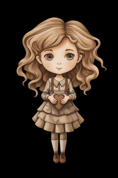girl holding a heart, in the style of light beige and brown, dye-transfer, miniaturecore, toyen, tex avery, scrapbook, chalk, clipart