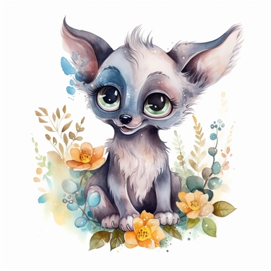 watercolor painting of a smiling baby werewolf, soft colors, with cute big eyes, happy smiling face, cute animal, adorable, playful atitude, adorable watercolor animal clipart with a few plant and flowers decor, no background, high quality very sharp with clear focus