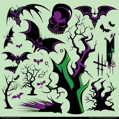 clipart model sheet of various psychobilly elements of design like dead trees, bats, coffins, that would fit in a psychobilly style Hawaiian pattern, using shades of black, purple and green