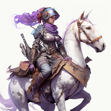 a woman riding on the back of a horse with a pencil sword, old gigachad with purple hair, clipart, kurdish soldier, profile pic, white armor, young female, leaked image, profile picture 1024px, very appealing, cyborg cowboy technical diagram.