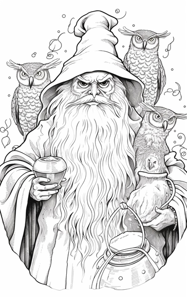 Coloring cartoon page for adult,witch clipart 6 witches, owl, in the style of reimagined by Dr. Seus, mystic mechanisms, illusory images, witchcore, lith printing ,clear and clean line art, white background