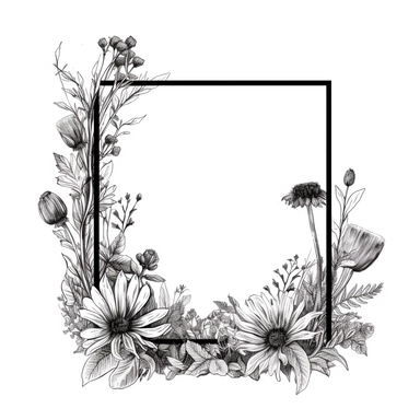 modern, minimalistic set of wildflowers in the shape of one giant simple square frame with a huge opening in the middle, in the style of black and white handdrawning on a clean white background, wedding clipart