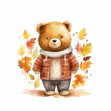A bear autumn-themed, full color, knitted painting texture, Perfect for nursery art and children's book illustration style, simple, cute, full color, clipart, watercolor illustration, single object, high definition 8k, white background for removing background