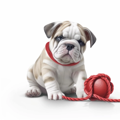 clipart of realistic bulldog puppy, full body, playing with a toy, white background