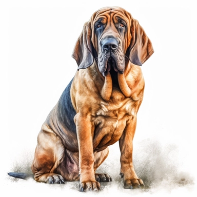 bloodhound in the style of digital airbrushingsitting realistic yet stylized, digitally enhanced, clipart, 32k uhd, detailed crosshatching white background