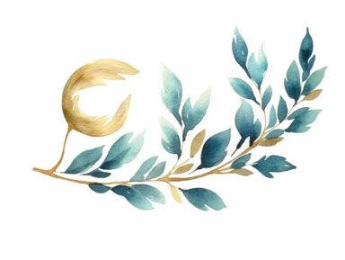 watercolor clipart high detailed teal and gold olive branch on white background, half moon shape, no splashes
