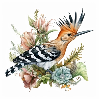 Eurasian hoopoe with plants, watercolor, sharp illustration clipart, insane detail, white background