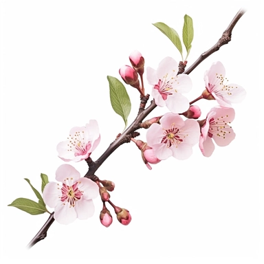 Delicate pink cherry blossom clipart against a pure white background. The illustration depicts a branch of blooming cherry blossoms with delicate pink petals and slender green branches. The color palette includes shades of soft pink and subtle green. The white background adds a fresh and modern touch, enhancing the cherry blossoms' ethereal beauty. The lighting is gentle, casting a soft glow on the flowers and creating a dreamlike atmosphere. The scene exudes a sense of tranquility and the arriv