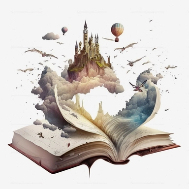 an opened book clipart with its pages depicting a floating city in the sky, where airships and winged beings navigate the clouds, fantasy, mystical, magical, rebeca saray style, vintage watercolor, 8k, full hd, Open Book Clip Art, ultra detail, white background