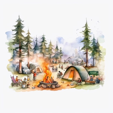 create a hand drawn watercolor clipart depicting campfires surrounded by tents, camping gear, and people enjoying the warmth of the fire, white background, 4k