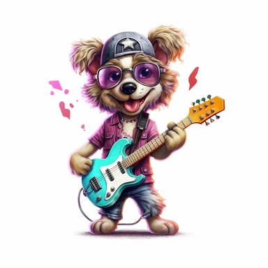 cute Dog character wearing rock music clothes and music element with happy face,front facing on isolated background,with happy face and expression,Animal Sublimation Clipart,no splash watercolor,white background, ultra detailed clipart, cut out image, colorful watercolor realistic, cartoon style, ultra HD, sharp and clean art