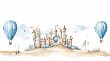 watercolour illustration, cute wet beach sand towers with sea shells blue balloon arch, seaside themed scene, balloon arch and blue pastel fans, fairy tale, blue fairy tale, fans and balloons, clipart, sublimation graphics, by Beatrix Potter, watercolour clipart, unique design, print on demand image, transparent PNG background, white background, 8k