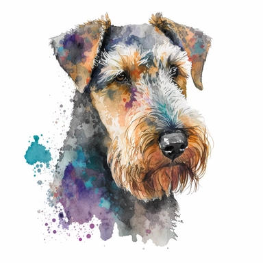 Generate an image of a Airedale Terrier dog Clipart in watercolor style on a white background