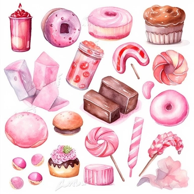 Valentine's day watercolor clipart, Pink sweets cookies, Cute love candy heart, Donuts, Cupcake, macarons, marshmallows, sugar, chocolate