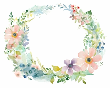 a watercolour of a 7:10 rectangular frame, a floral flourish and a wreath made out of very delicate spring wildflowers on white background for clipart, 8k