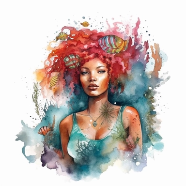 watercolor beautiful African American mermaid with red locs hair under the sea, coral reef, black girl, realistic looking, swimming, esthetically pleasant to look at, hd, clipart, pinart, no background