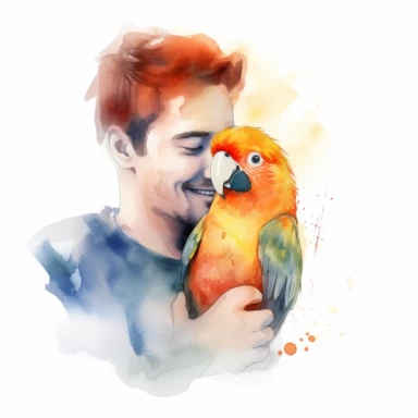 Adorable pet Lovebird having happy moment with it's human owner, water color style, clipart, white background