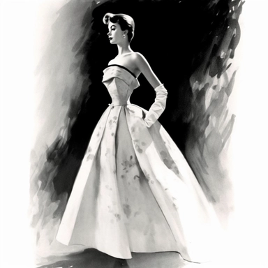 1960s woman standing in beautiful dress, christian dior high fashion, clip art, black and white, illustration, watercolor,, detailed painting, very high quality, hd, spaced out ar 3:2