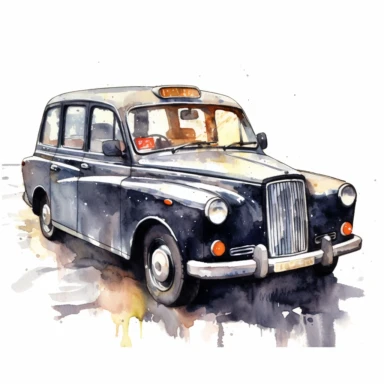 a United Kingdom Black Cab in the style of watercolour clipart with detailed brush strokes