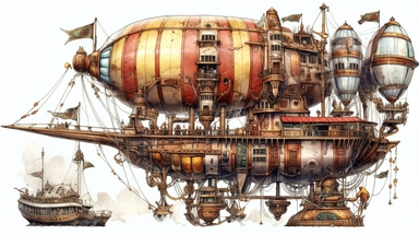 steampunk airship, clipart, white background, watercolor, hyperrealism, high detail, separate elements, set