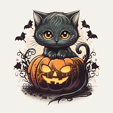 cute halloween cat , joyful mood , design for tshirts + white background + retro vintage style ,clipart drawing,clipart image,high definition drawing,clean colors,balanced colors,detailed drawing